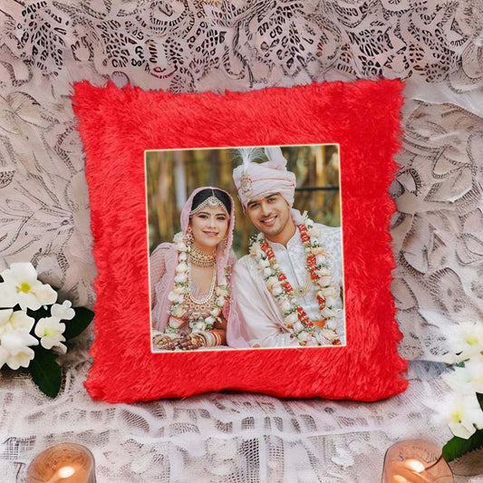 Personalized Red Fur Cushion – Square Photo Pillow Gift for Couples & Birthdays